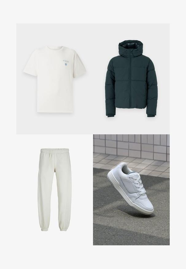 Tumši zaļš pūkains jaka ar kapuci, ar priekšējo rāvējslēdzēju, šūtām daļām un ribota apakšmalu. Gluda apdare un pamatots audums.; Balts kokvilnas T-krekls ar apaļu kakla izgriezumu, īsām piedurknēm un zilu "MYKONOS" grafiku kreisajā krūtī, kurā ir cilindra dizaina elements.; Baltas treniņbikses, izgatavotas no mīkstas auduma, ar elastīgu jostu un piedurknēm, gluda tekstūra un brīva piegriezuma dizains.; Baltas ādas sporta apavi ar perforētiem sāniem, teksturētām akcentiem, plakanu šņorēšanu un kontrastējošu pelēku papēdi. Iezīmē nedaudz paaugstinātu zole.