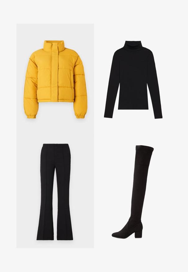 Gul cropped puffer-jakke med høy krage, som har lukking foran og elastiske mansjetter. Stoffet ser glatt ut med quiltede seksjoner.; Svart høyhalset langermet topp, laget av ribbestrikket stoff, har en tettsittende design med høy hals og uten mønstre eller dekorasjoner.; Sorte flagrende bukser laget av glatt stoff, med en tettsittende midje, front sømdetaljer og en lett flare som begynner fra kneet.; Over-the-knee svart semsket støvel med blokkhæl, med en jevn tekstur og en tettsittende design som strekker seg over kneet.
