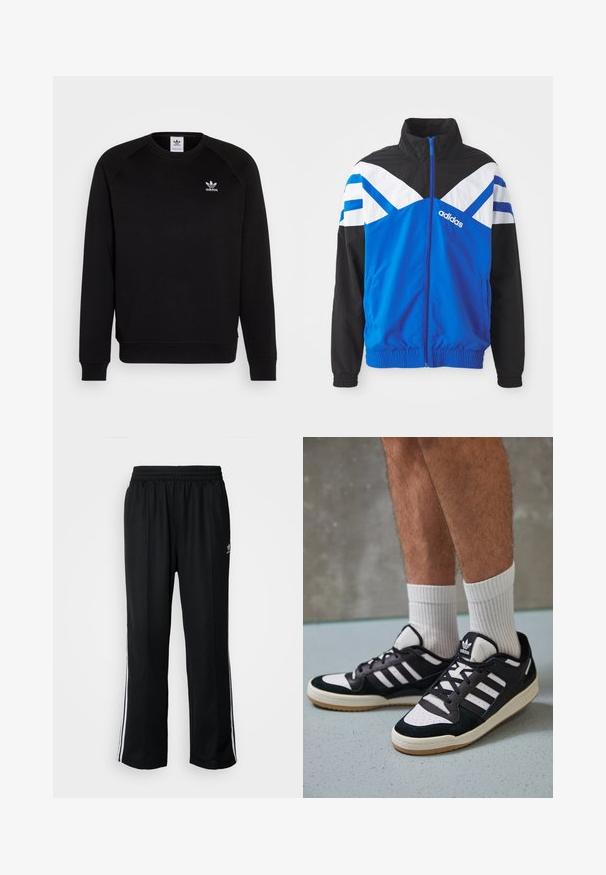 Casaco corta-vento azul e preto com padrão em chevron branco e azul, fecho de zip, punhos elásticos e bolsos laterais. Logótipo da Adidas exibido.; Sweatshirt preto com mangas raglan, gola redonda e punhos com ribana. Apresenta um pequeno logotipo branco da Adidas no peito. Tecido de textura suave.; Calças atléticas pretas com um cós elástico, apresentando riscas brancas laterais e um pequeno logótipo. O material parece macio e leve.; Ténis em preto e branco com upper em camurça e couro, apresentando três riscas brancas, um toe perfurado e uma sola em borracha de goma.