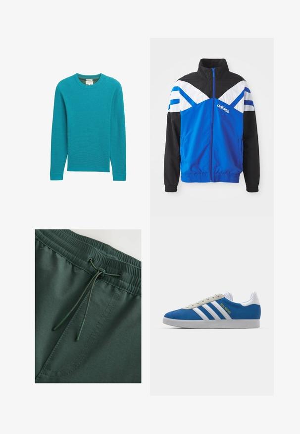 Blaue und schwarze Windbreaker-Jacke mit einem weißen und blauen Chevron-Muster, Reißverschluss, elastischen Bündchen und Seitentaschen. Adidas-Logo angezeigt.; Türkiser, gerippter Strickpullover mit langen Ärmeln und Rundhalsausschnitt. Textilstruktur und gerade Passform. Keine sichtbaren Marken oder Muster.; Dunkelgrüne Sweatshorts mit elastischem Bund und Kordelzug, glatte Textur und sichtbare Nähdetails. Schlichtes, funktionales Design.; adidas Originals ADIDAS GAZELLE SHOES - Indoor-Fußballschuhe - real madrid/bluebird/footwear white/crew yellow