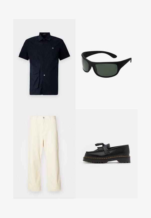 Blå og svart vindjakke med hvitt og blått chevronmønster, glidelåslukking, elastiske ermer og sidelommer. Adidas-logoen vises.; Korte ermers marineblå skjorte med knapper laget av bomull, med en lommepatch på venstre side og en liten logopatch på brystet.; Hvit bomulls t-skjorte med trykt svart og rød grafikk av en fotball og bynavn. Kort ærmer, rund halsdesign.; Kremfargede bukser med vid ben som er laget av bomull, med knappelukking, beltehemper og sydd søm. Glatt tekstur, ingen synlige mønstre.; Svart skinn loafers med en kvastdetalj, med en tjock svart sula och gul sömnad längs kanten. Texturerad yta.; Sorte innpakningssolbriller med mørk grønne linser. Matt finish, buet design, med rette armer og diskret merkevare på siden.