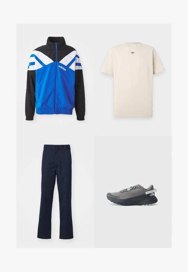 Blå og sort vindjakke med hvid og blå chevronmønster, lynlås lukning, elastiske manchetter og sidelommer. Adidas-logoet vises.; Beige bomulds T-shirt med rund hals, korte ærmer og et lille mørkt logo på brystet. Glat tekstur og afslappet pasform.; Mørkeblå bukser lavet af stof, med lige ben-design, bæltestropper og en ren afslutning i kanten. Ingen synlige mønstre eller accenter.; Grå løbesko med en tekstureret overdel, flade snørebånd, robust sål og en hæltab med branding. Accenter i mørkere nuancer af grå.