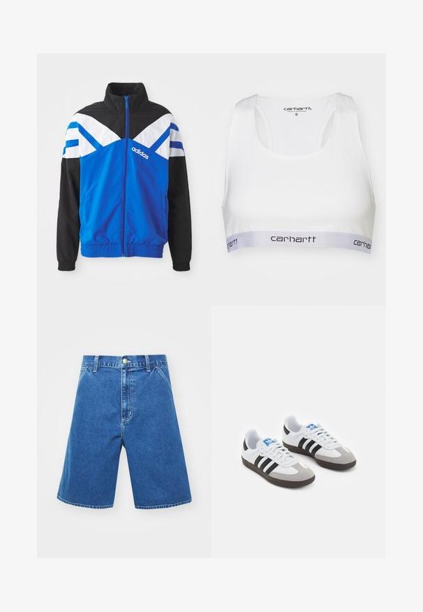 Blue and black windbreaker jacket with white and blue chevron pattern, zip closure, elastic cuffs, and side pockets. Adidas logo displayed.; White sporty bra with a smooth fabric, racerback design, and a grey elastic band featuring the Carhartt logo in black. Size small.; Denim shorts featuring a blue color, loose fit, mid-rise waist, front pockets, and a button closure. Stitching details along the seams.; Sport shoes with a white leather upper, gray suede toe, and three black stripes. Features a blue logo on the tongue and a textured rubber sole.