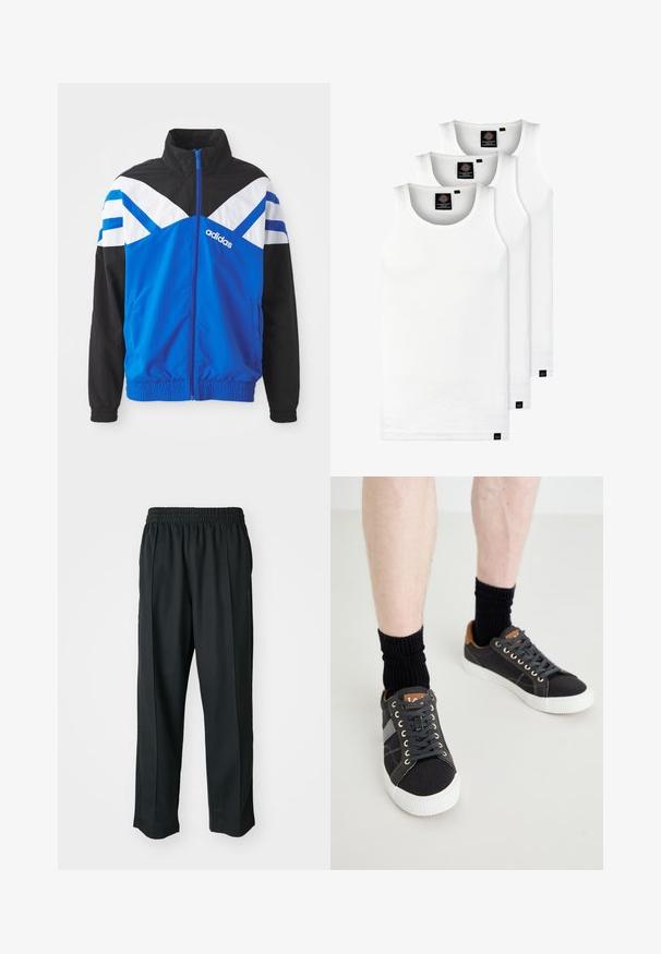 Blå og svart vindjakke med hvitt og blått chevronmønster, glidelåslukking, elastiske ermer og sidelommer. Adidas-logoen vises.; Tre hvite ribbestrikkede tank topper laget av bomull. Har en rund hals og små svarte etiketter nær kanten. Tilgjengelig i flere størrelser.; Sorte idrettsbukser med elastisk midje, laget av glatt stoff, med subtile sidesømmer og en avslappet passform, rett ben-design.; Grå kanvas sneakers med hvite gummisåler, svarte lisser og brune skinnakenter på hælen, kombinert med svarte ribbestrikkede sokker.