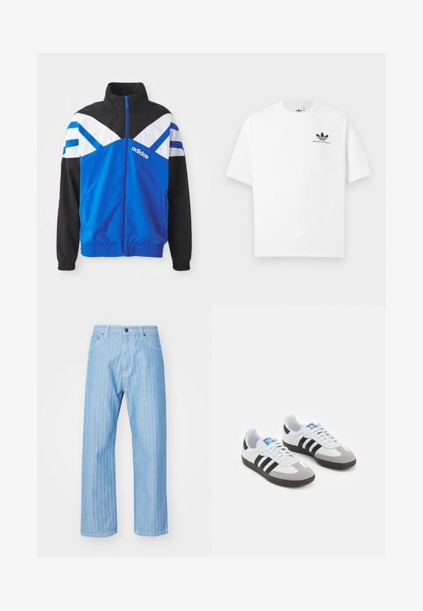 Blue and black windbreaker jacket with white and blue chevron pattern, zip closure, elastic cuffs, and side pockets. Adidas logo displayed.; White cotton t-shirt with short sleeves, featuring a black "BASKETBALL" logo and iconic three-stripe design on the front.; Light blue denim jeans with a vertical striped pattern, straight leg cut, button closure, and white stitching details.; Sport shoes with a white leather upper, gray suede toe, and three black stripes. Features a blue logo on the tongue and a textured rubber sole.