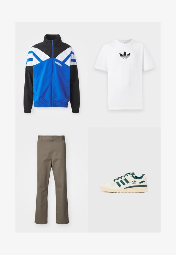 Modrá a čierna vetrovka s bielym a modrým vzorom v tvare chevronu, so zipsom, elastickými manžetami a bočnými vreckami. Zobrazené logo Adidas.; Biely bavlnený tričko s čiernym logom Adidas v strede. Krátke rukávy a okrúhly výstrih. Hladká textúra.; Hnedé nohavice rovného strihu s pútkami na opasok, predným zipsom a bez viditeľných vreciek, vystavené na bielom pozadí.; Biele tenisky s zelenými akcentmi. Obsahujú tri zelené pruhy, textúrovaný špičku a logo na boku. Gumená podrážka s textúrovaným vzorom.