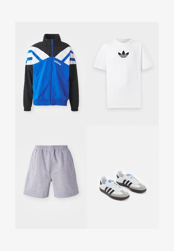 Modrá a černá větruvzdorná bunda s bílým a modrým chevron vzorem, zipovým zapínáním, elastickými manžetami a bočními kapsami. Zobrazena značka Adidas.; Bílá bavlněná tričko s černým logem Adidas uprostřed. Krátký rukáv a design s kulatým výstřihem. Hladká textura.; Svetle modré pruhované kraťasy s elastickým pasem, vyrobené z měkké tkaniny. Mají boční kapsy a pohodlný střih, ideální pro neformální nošení.; Sportovní boty s bílým koženým svrškem, šedou semišovou špičkou a třemi černými pruhy. Obsahují modré logo na jazyku a texturovanou gumovou podrážku.
