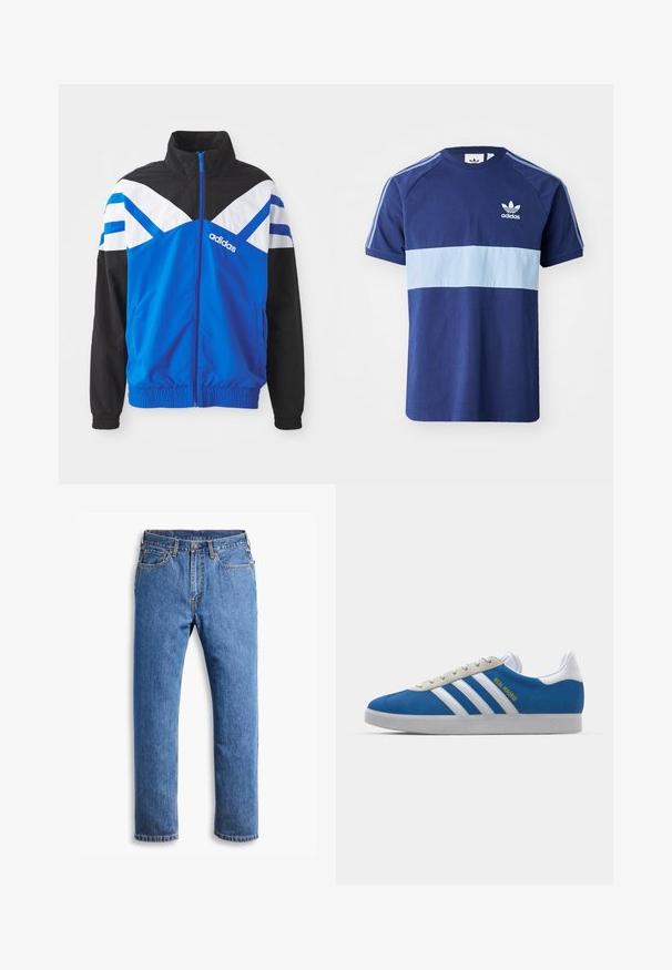 Blaue und schwarze Windbreaker-Jacke mit einem weißen und blauen Chevron-Muster, Reißverschluss, elastischen Bündchen und Seitentaschen. Adidas-Logo angezeigt.; Marineblaue T-Shirt mit einem hellblauen horizontalen Streifen, kurzen Ärmeln, rundem Halsausschnitt, Adidas-Logo auf der Brust und kontrastierenden Schulterstreifen.; Blaue Jeans aus Denim mit geradem Schnitt, mit fünf Taschen, einem Knopfverschluss und orangefarbenen Nähten auf einem klaren weißen Hintergrund.; adidas Originals ADIDAS GAZELLE SHOES - Indoor-Fußballschuhe - real madrid/bluebird/footwear white/crew yellow