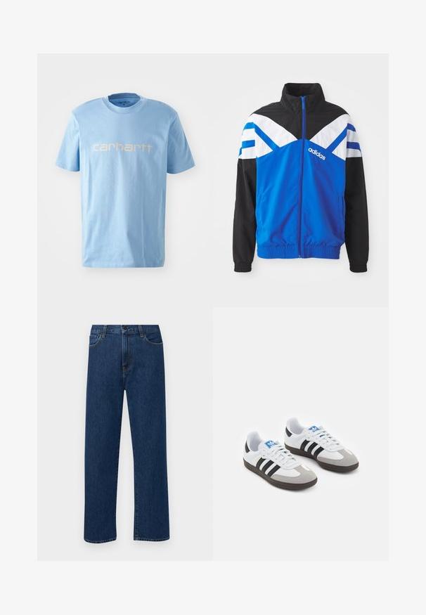 Casaco corta-vento azul e preto com padrão em chevron branco e azul, fecho de zip, punhos elásticos e bolsos laterais. Logótipo da Adidas exibido.; T-shirt de algodão azul claro com decote redondo e mangas curtas. Apresenta o logótipo "carhartt" em branco no peito.; Jeans de denim azul escuro, de perna reta, com bolsos frontais e fecho de botão, exibidos sobre um fundo branco liso.; Ténis desportivos com um cabedal em pele branca, biqueira em camurça cinza e três riscas pretas. Apresenta um logo azul na língua e uma sola de borracha texturizada.