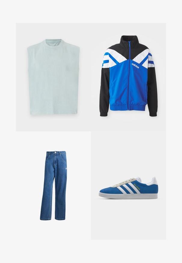 Blå og svart vindjakke med hvitt og blått chevronmønster, glidelåslukking, elastiske ermer og sidelommer. Adidas-logoen vises.; Lyseblå ermeløs T-skjorte med rund hals, laget av mykt stoff, med rett snitt og minimalistisk design.; Blå høyhalsede vide denimjeans med frontlommer, belteholdere, knappelukking og liten Adidas-logo på høyre lår.; adidas Originals ADIDAS GAZELLE SHOES - Innendørsfotballsko - real madrid/bluebird/footwear white/crew yellow
