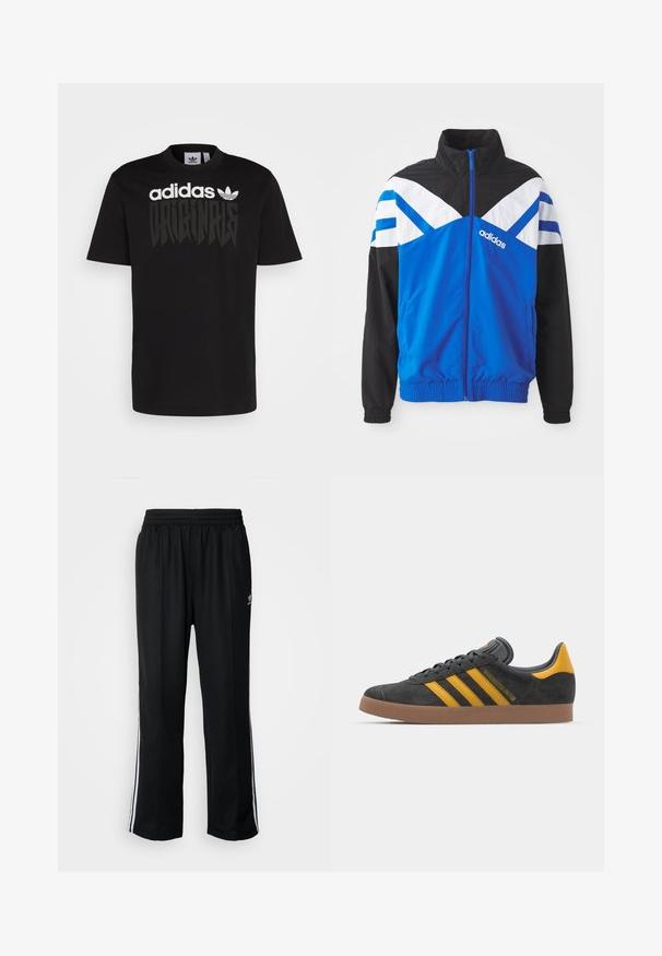 Mėlynas ir juodas vėjui atsparus džemperis su baltos ir mėlynos spalvos zigzago raštu, užtrauktuko uždarymu, elastinėmis rankovėmis ir šoninėmis kišenėmis. Adidas logotipas.; adidas Originals Marškinėliai su spaudiniu - black; Juodi sportiniai keliai su elastingu juosmeniu, su baltais šonais ir mažu logotipu. Atrodo, kad medžiaga yra minkšta ir lengva.; Juodas zomšinės sportbačiai su geltonais akcentais, turintys tris juosteles ir rudą gumos padą. Apima paminkštintą liežuvėlį patogumui.