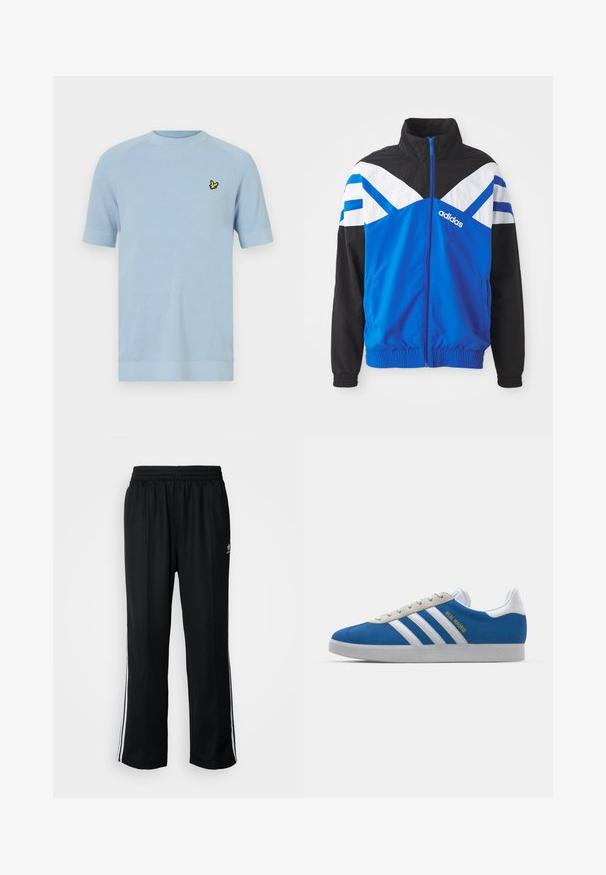 Jachetă de vânt albastră și neagră cu model în zigzag alb și albastru, închidere cu fermoar, mansete elastice și buzunare laterale. Logo-ul Adidas este afișat.; Tricou scurt cu maneci, de culoare albastru deschis, tricotat, cu guler rotund și țesătură texturată. Include un logo mic de pasăre galbenă pe partea stângă a pieptului.; Pantaloni atletici negri cu talie elastică, având dungi albe pe laterale și un mic logo. Materialul pare moale și ușor.; adidas Originals ADIDAS GAZELLE SHOES - Ghete de fotbal de sală - real madrid/bluebird/footwear white/crew yellow