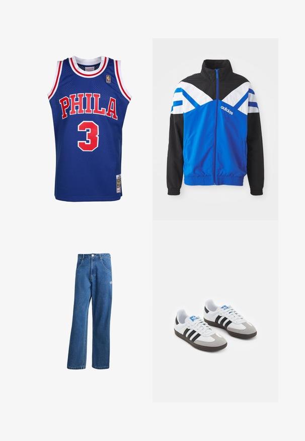 Giacca a vento blu e nera con motivo a chevron bianco e blu, chiusura con zip, polsini elastici e tasche laterali. Logo Adidas visibile.; Mitchell & Ness NBA PHILADELPHIA 76ERS - ALLEN IVERSON - Maglia NBA - royal; Jeans di denim a vita alta e gamba larga blu, con tasche frontali, passanti per cintura, chiusura a bottone e piccolo logo Adidas sulla coscia destra.; Scarpe sportive con tomaia in pelle bianca, punta in suede grigia e tre strisce nere. Presentano un logo blu sulla linguetta e una suola in gomma testurizzata.