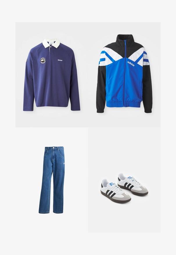 Blå og svart vindjakke med hvitt og blått chevronmønster, glidelåslukking, elastiske ermer og sidelommer. Adidas-logoen vises.; Marine langermet polo-shirt med hvit krage, med et rundt logo på venstre bryst og brodert "bareen"-tekst. Mykt materiale.; Blå høyhalsede vide denimjeans med frontlommer, belteholdere, knappelukking og liten Adidas-logo på høyre lår.; Sportssko med en hvit skinnoverdel, grå semsket tå og tre svarte striper. Har en blå logo på tungen og en teksturert gummisåle.