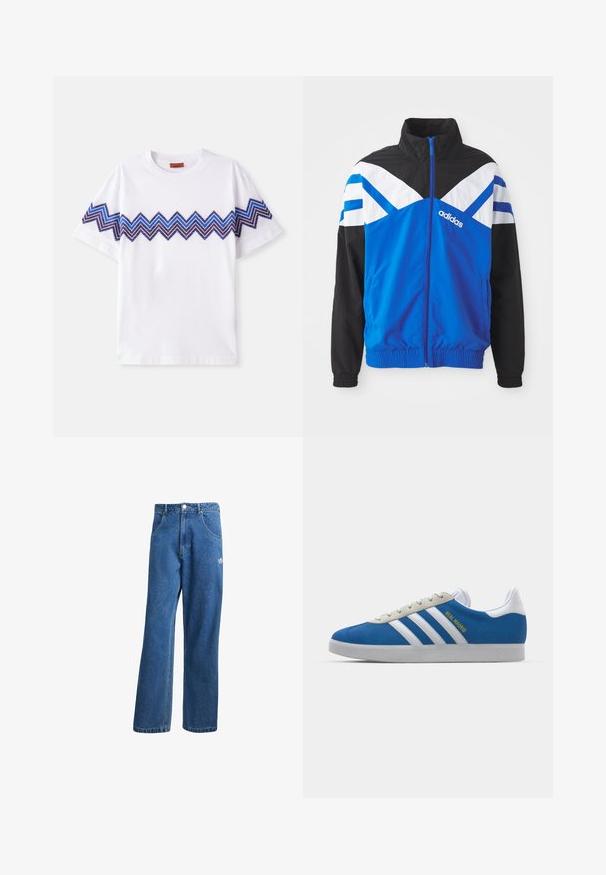 Zila un melna vēja pārsegs ar baltu un zilu zigzaga rakstu, ar rāvējslēdzēja aizdari, elastīgām piedurknēm un sānu kabatām. Adidas logo redzams.; Balts kokvilnas T-krekls ar īsām piedurknēm, kuram ir zils un violets zigzaga raksts uz krūšu daļas. Standarta apaļa kakla izgriezums, brīva piegriezne.; Zilas augsta vidukļa platas kāju džinsu bikses ar priekšējiem kabatām, jostas cilpām, pogu aizdari un mazu Adidas logo labajā augšstilbā.; adidas Originals ADIDAS GAZELLE SHOES - Futbola apavi iekštelpām - real madrid/bluebird/footwear white/crew yellow