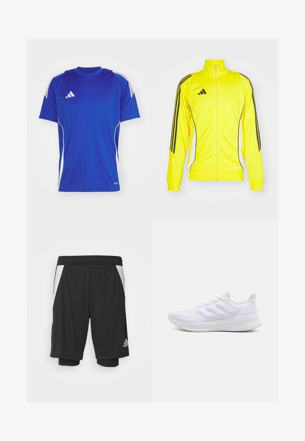 Chaqueta deportiva amarilla con rayas y acentos negros. Presenta un cuello alto y cierre de cremallera, hecha de material suave.; Camiseta deportiva azul hecha de tela ligera, con acentos blancos en los hombros y los lados, y un pequeño logo en el pecho.; Bermudas deportivas negras con un tejido ligero, paneles laterales blancos, cintura elástica y un detalle del logo reflectante en la parte inferior izquierda.; Zapatillas deportivas blancas con una parte superior de malla texturizada, suela acolchada y soporte, y un diseño de tres rayas en el lateral.