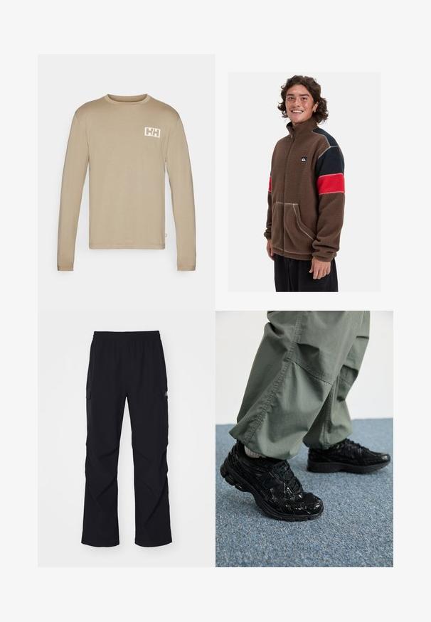 Braune Fleece-Jacke mit einem Reißverschluss vorne, ausgestattet mit rot und marinefarbenen Farbblockärmeln, Seitentaschen und kontrastierenden Nähdetails.; Helly Hansen SKOG GRAPHIC TEE - Langarmshirt - pebble; Schwarze Cargo-Hosen aus leichtem Material, mit einem Elastikbund, seitlichen Taschen und einem geraden Beinschnitt.; Schwarze Sport-Sneaker mit glänzenden und Netztexturen, ausgestattet mit einer dicken Sohle und Schnürsenkeln, kombiniert mit lässigen, olivgrünen Cargo-Hosen.