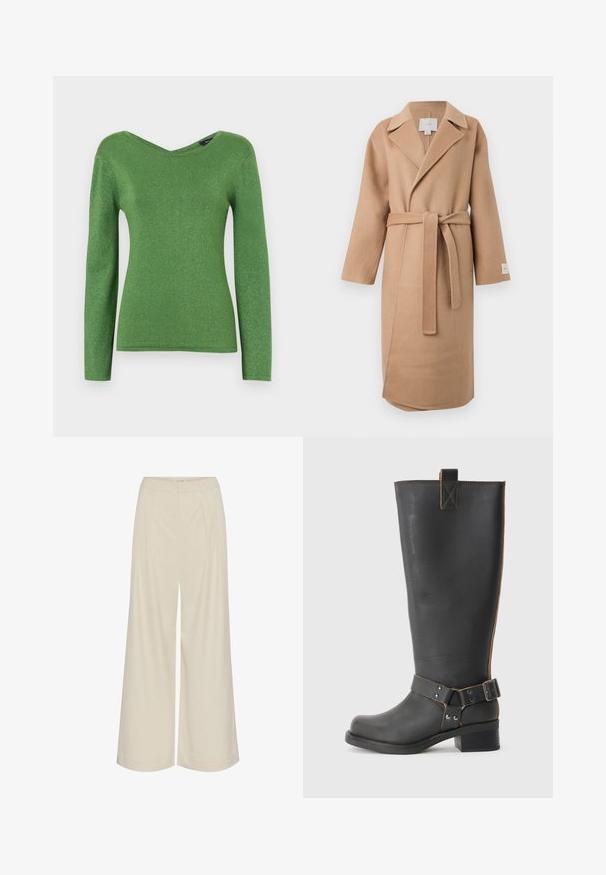 Beige wool blend wrap coat with a notched collar, long sleeves, and a matching belt. Features a side slit and a brand label on the sleeve.; Green long-sleeve top made of shimmering fabric, featuring a V-neck and fitted silhouette, with smooth texture and no visible embellishments.; Wide-leg trousers in a light beige fabric, featuring pleats, a high waist, and a smooth texture with no visible embellishments.; Black leather knee-high boot with a textured finish, featuring a side buckle accent and a low heel. Detailed stitching along the seams.