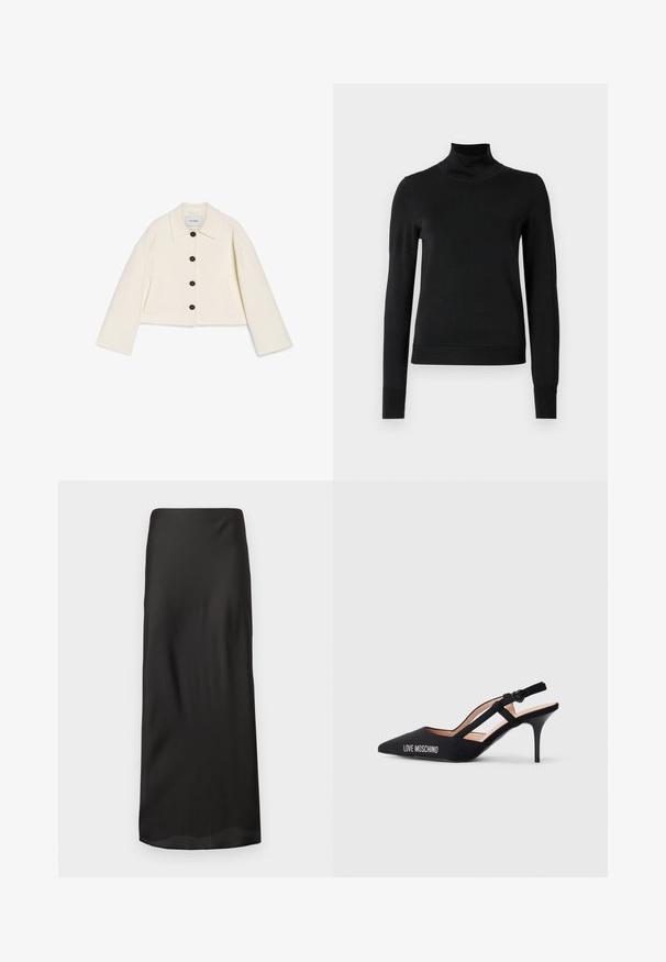 Kratinta dramblio kaulo spalvos striukė iš minkštos medžiagos, turinti apykaklę, juodus mygtukus bei du priekiniai kišeniai. Sukurta su plačiomis rankovėmis.; Juoda ilgomis rankovėmis turtleneko tipo megztinis su rebruotomis rankovėmis ir apačia, eksponuojamas ant paprasto balto fono.; Juoda maksi sijonas, pagamintas iš lygaus, lengvo audinio. Turi tiesią siluetą su elastinga juosmena ir be matomų raštų ar puošmenų.; Juodos slingback aukštakulnius batus su smailiu nosiu, su dirželio dizainu ir „LOVE MOSCHINO“ logotipu šone. Lygus paviršius.