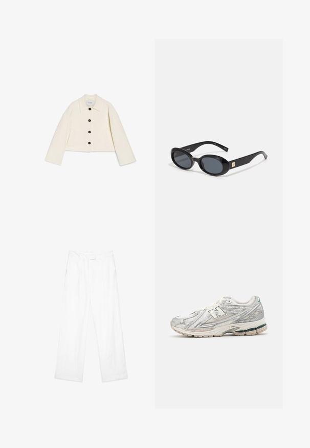 Korte ivoren jas van een zachte stof met een kraag, zwarte knoopsluiting en twee voorzakken. Ontworpen met brede mouwen.; Witte katoenen T-shirt met korte mouwen, ronde hals, ontspannen pasvorm, zachte textuur en zonder zichtbare patronen of accenten.; Witte linnen broek met een losse pasvorm, voorzien van een rechte pijpontwerp, zijzakken en een platte tailleband. Gladde textuur overal.; Hardloopschoenen met een zilver-witte mesh bovenkant en een groene accent. De zool is dik en gestructureerd, ontworpen voor demping en ondersteuning.; Zwarte ovale zonnebril met donkere lenzen, glanzend kunststof frame, brede zijkanten en een kleine gouden accent aan de zijkant.; Gouden rechthoekige horloge met een parelmoer wijzerplaat, Romeinse cijfer uurmarkers, datumanzeige en een schakelarmband ontwerp.