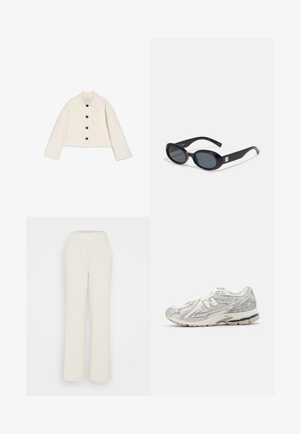 Korte ivoren jas van een zachte stof met een kraag, zwarte knoopsluiting en twee voorzakken. Ontworpen met brede mouwen.; Witte katoenen T-shirt met korte mouwen, ronde hals, ontspannen pasvorm, zachte textuur en zonder zichtbare patronen of accenten.; Linnen broeken in lichtbeige met een rechte pasvorm, platte tailleband en minimale stikdetails, die een zachte en gestructureerde afwerking presenteren.; Hardloopschoenen met een zilver-witte mesh bovenkant en een groene accent. De zool is dik en gestructureerd, ontworpen voor demping en ondersteuning.; Zwarte ovale zonnebril met donkere lenzen, glanzend kunststof frame, brede zijkanten en een kleine gouden accent aan de zijkant.; Gouden rechthoekige horloge met een parelmoer wijzerplaat, Romeinse cijfer uurmarkers, datumanzeige en een schakelarmband ontwerp.