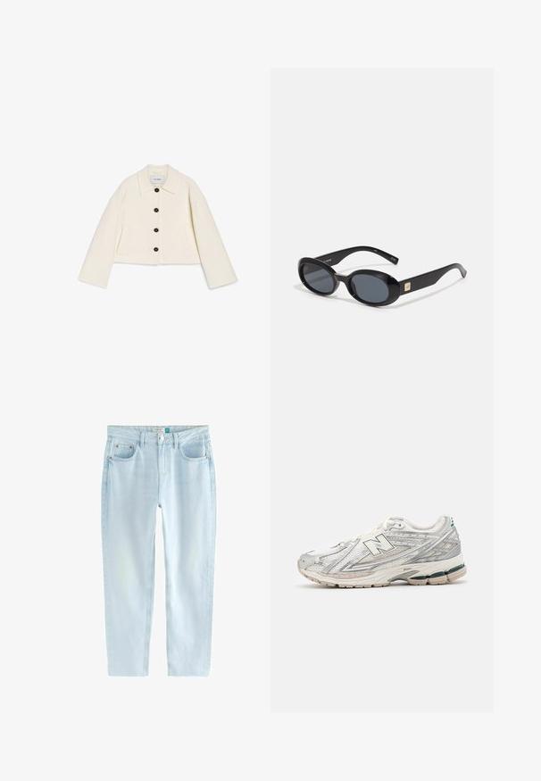 Chaqueta corta de marfil en un tejido suave que presenta un cuello, cierre de botón negro y dos bolsillos delanteros. Diseñada con mangas anchas.; Camiseta de algodón blanca con mangas cortas, cuello redondo, ajuste relajado, textura suave y sin patrones ni acentos visibles.; Jeans de pierna recta de color azul claro, hechos de denim con un acabado desgastado, que cuentan con dos bolsillos frontales, costuras en contraste y un cierre de botón.; La zapatilla de correr presenta una parte superior de malla plateada y blanca con un acento verde. La suela es gruesa y texturizada, diseñada para ofrecer amortiguación y soporte.; Gafas de sol negras en forma ovalada con lentes oscuros, montura de plástico brillante, brazos anchos y un pequeño acento dorado en un lado.; Reloj rectangular tono dorado con esfera de nácar, marcadores de horas en números romanos, indicador de fecha y diseño de pulsera tipo eslabones.