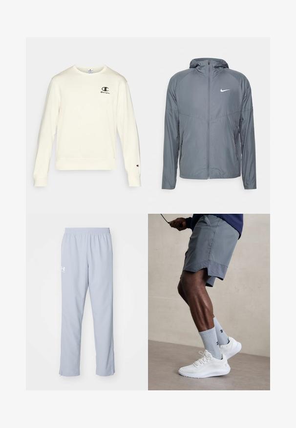 Gray Nike jacket made of lightweight material, featuring a full zipper, hood, and subtle logo on the chest. Smooth texture, tailored fit.; Cream-colored sweatshirt made of cotton with long sleeves, ribbed cuffs, and a small black Champion logo on the left chest.; Light blue athletic pants with an elastic waistband, side pockets, and ankle zippers. Features a white logo on the left thigh.; White athletic shoes with textured mesh upper, paired with light blue ribbed socks featuring a logo. Grey athletic shorts with perforated trim.