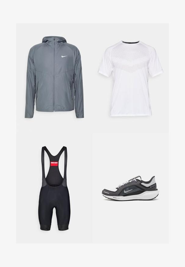 Casaco cinza da Nike feito de material leve, com fecho completo, capuz e um logo discreto no peito. Textura suave, ajuste personalizado.; Camiseta atlética branca de manga curta com um padrão geométrico texturizado na frente, feita de um tecido leve, com decote arredondado e corte solto.; Bretzel de ciclismo pretos com alças em malha, área acolchoada na zona da cadeira, ajuste justo e punhos elásticos. Etiqueta vermelha nas costas com o nome da marca.; Sapatilha atlética preta e cinza com parte superior em malha, detalhes reflexivos e uma entressola branca. Apresenta uma sola de borracha texturizada e atacadores.