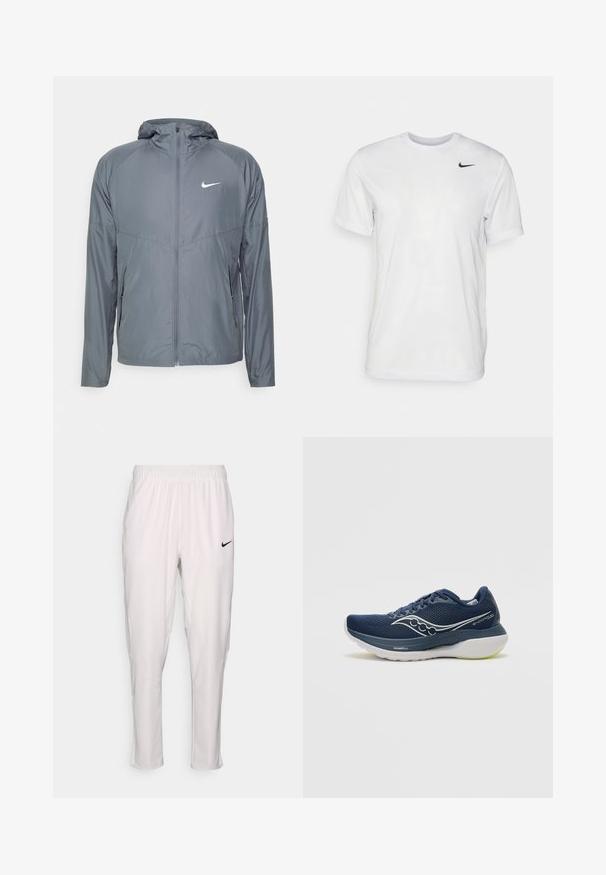 Veste Nike grise en matériau léger, dotée d'une fermeture éclair complète, d'une capuche et d'un logo discret sur la poitrine. Texture lisse, coupe ajustée.; T-shirt blanc à manches courtes en tissu lisse. Il présente un col rond et un petit logo Nike noir sur la poitrine gauche.; Pantalon de sport blanc avec une taille élastique. Présente une coupe slim, une texture lisse et un petit logo Nike noir à l'avant.; Baskets de course navy avec tige en mesh, accents blancs et semelle épaisse avec des détails verts. Le design comprend un logo sur le côté et des lacets.