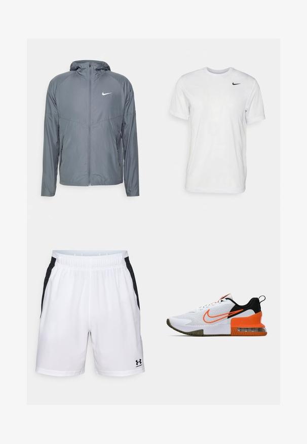 Casaco cinza da Nike feito de material leve, com fecho completo, capuz e um logo discreto no peito. Textura suave, ajuste personalizado.; T-shirt branca de mangas curtas feita de tecido suave. Apresenta um decote redondo e um pequeno logótipo da Nike em preto no lado esquerdo do peito.; Calções atléticos brancos com detalhes laterais pretos, cintura elástica e logótipo da Under Armour na parte inferior da perna direita. Textura suave e material leve.; Shoe desportivo branco com um upper de malha texturizada, detalhes em preto e laranja, uma sola de borracha grossa e uma seção de amortecimento de ar transparente no calcanhar.