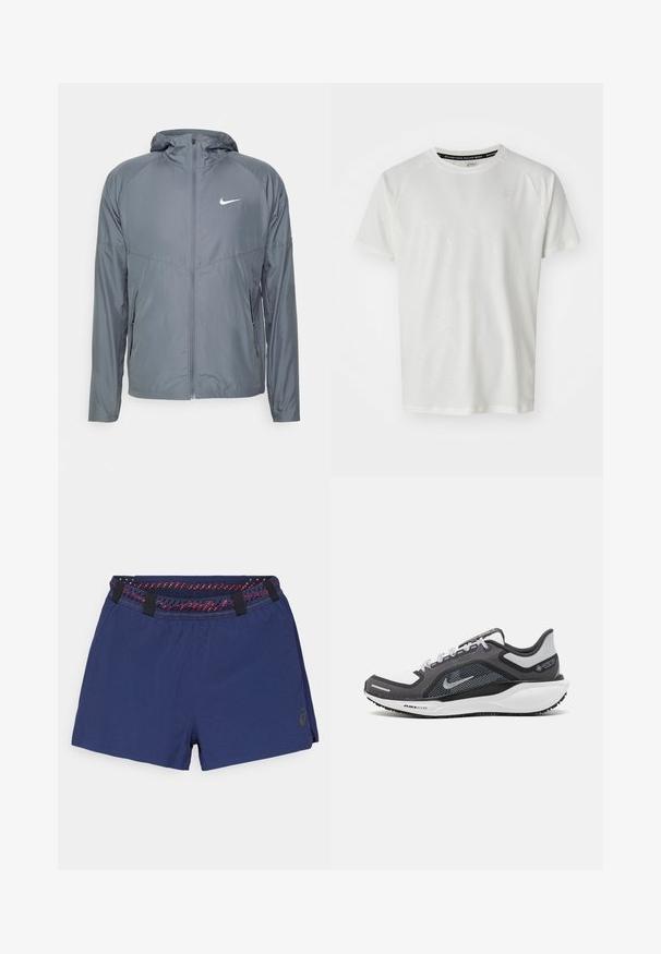 Veste Nike grise en matériau léger, dotée d'une fermeture éclair complète, d'une capuche et d'un logo discret sur la poitrine. Texture lisse, coupe ajustée.; ASICS GAME - T-shirt basique - cream; Shorts bleu marine en tissu texturé, avec une ceinture à motifs rouge et noir contrastés, et une fente sur le côté pour plus de flexibilité.; Baskets de sport noires et grises avec un empeigne en maille, des accents réfléchissants et un intermédiaire blanc. Comprend une semelle extérieure en caoutchouc texturé et des lacets.