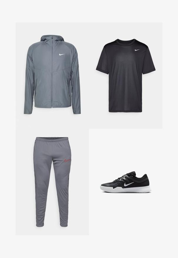 Szürke Nike dzseki könnyű anyagból, teljes hosszúságú cipzárral, kapucnival és diszkrét logóval a mellkason. Simogató tapintás, testhezálló fazon.; Fekete sportpóló rövid ujjakkal, kerek nyakkal, sima anyagból készült. Az elülső bal felső részen egy kis fehér Nike logó található.; Nike Performance DRI-FIT ACADEMY PANT - Tréningruha alsók - iron grey/dragon red; Fekete sportcipő texturált felsőrésszel, fehér Nike logóval és fehér gumitalppal. Fűzős kialakítással és dinamikus formával rendelkezik.
