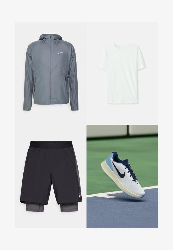 Siva Nike jakna napravljena od laganog materijala, sa punim zatvaračem, kapuljačom i suptilnim logotipom na prsima. Glatka tekstura, prilagođeni kroj.; Svijetlo mint zelena majica kratkih rukava izrađena od mekog materijala. Ima okrugli vrat i jednostavan, ravni kroj bez ukrasa.; Crne atletske kratke hlače s glatkom teksturom, s širokim elastičnim pojasom i unutarnjom podstavom u tamnijoj nijansi. Uključene su bočne džepove.; Bijela atletska cipela s mornarskim akcentima, prozračnim gornjim dijelom, teksturiranom potplatom i svijetloplavim zaletom, prikazuje elegantan, moderan dizajn.