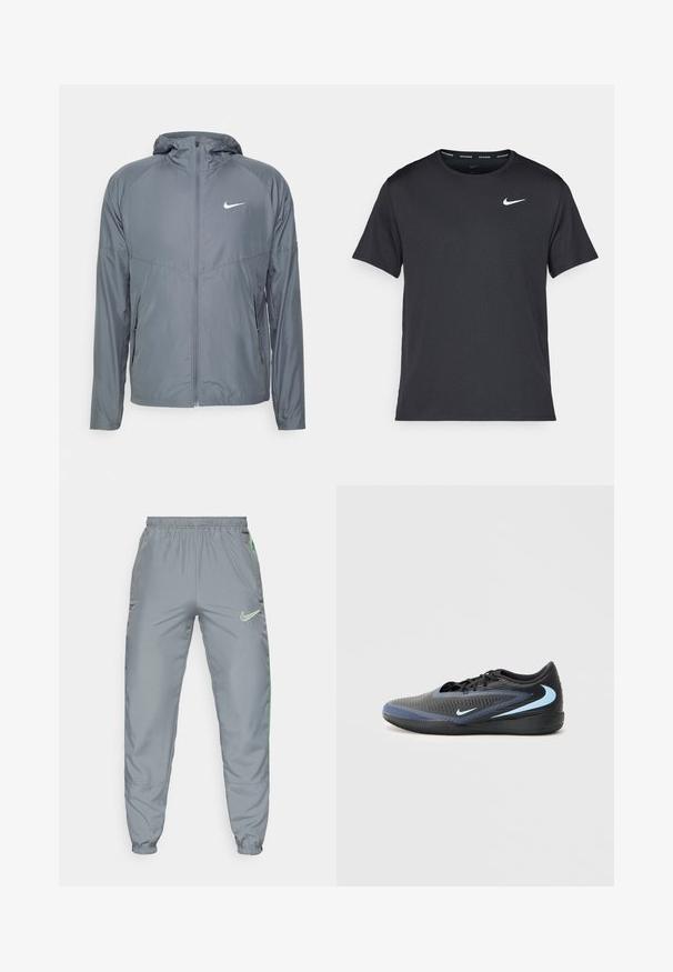 Chaqueta Nike gris hecha de material ligero, con cremallera completa, capucha y un logotipo sutil en el pecho. Textura suave, corte ajustado.; Camiseta de running negra de Nike, hecha de material ligero y transpirable, con mangas cortas y un pequeño logo blanco en el pecho.; Pantalones de chándal Nike en poliéster gris con cintura elástica, puños cónicos y acentos laterales en verde neón; cuenta con el logo en la parte frontal derecha.; Zapatilla deportiva de corte bajo en negro y azul, con superficie texturizada, cordones negros y logotipos de swoosh de Nike en azul claro en el costado y la suela.