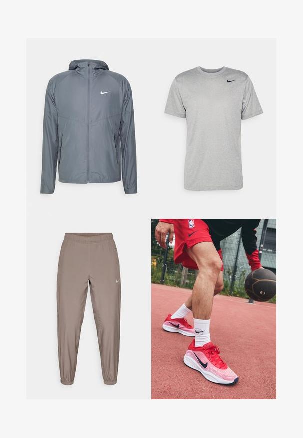 Harmaa Nike-takki, joka on valmistettu kevyestä materiaalista. Takissa on täyspitkä vetoketju, huppu ja hillitty logo rinnassa. Sileä pinta ja muotoilultaan sopiva malli.; Harmaa lyhythihainen t-paita, joka on valmistettu sileästä kankaasta. Shirtissa on musta Nike-logo vasemmalla olalla ja klassinen pyöreä kaula-aukko.; Nike urheiluhousut vaaleanruskeana, joissa on joustava vyötärölinja, kapenevat lahkeet ja sivutaskut. Sujuva, kevyt kangas.; Punaiset kevyet koripallokengät, joissa on verkkokangasdesign ja kontrastina tummansinisiä yksityiskohtia, yhdistettyinä valkoisiin sukkiin, joissa on musta logo.