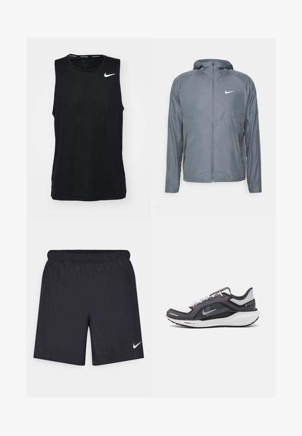 Sivá bunda Nike vyrobená z ľahkého materiálu, s celým zipsom, kapucňou a diskrétnym logom na hrudi. Hladká textúra, prispôsobený strih.; Čierny bezrukávový športový top vyrobený z hladkej látky. Na hornej ľavej strane sa nachádza biele logo Nike. Okruhly výstrih bez štítkov.; Čierne atletické šortky z ľahkého materiálu s elastickým pásom. Na dolnej ľavej strane majú malé biele logo Nike.; Čierna a sivá športová obuv s vrchnou časťou z priedušného materiálu, reflexné akcenty a biely medzipodrážka. Obsahuje štruktúrovanú gumovú podrážku a šnúrky.