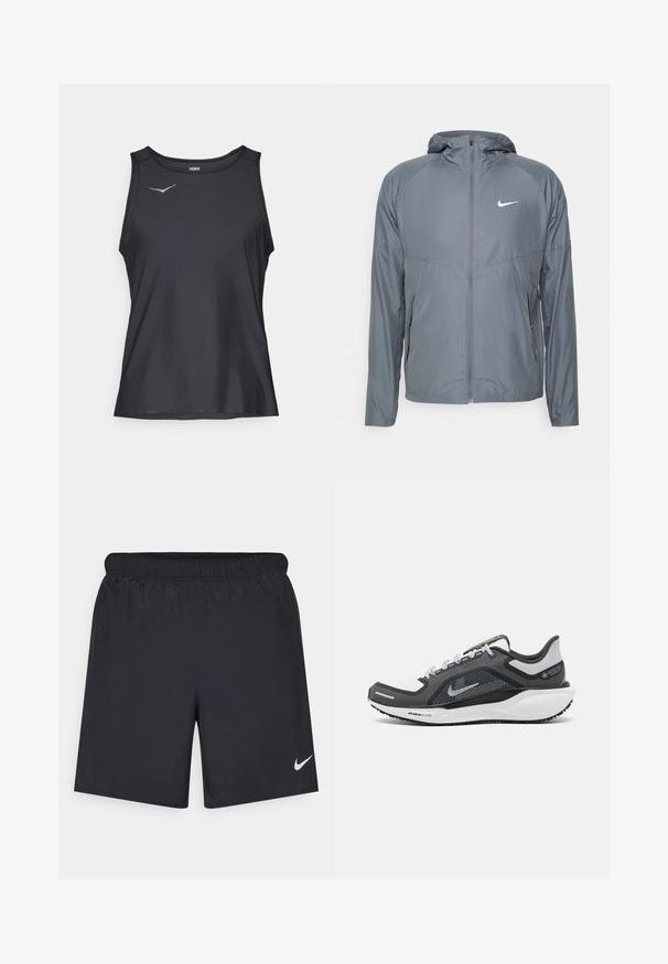 Szürke Nike dzseki könnyű anyagból, teljes hosszúságú cipzárral, kapucnival és diszkrét logóval a mellkason. Simogató tapintás, testhezálló fazon.; Fekete ujjatlan sportos trikó kerek nyakkal és kicsi, világoskék logóval a bal felső mellrészen.; Fekete sportnadrág könnyű anyagból, rugalmas derékkal. A bal alsó oldalon egy kis fehér Nike-logó található.; Fekete és szürke sportcipő, hálós felsőrésszel, fényvisszaverő részletekkel és fehér középtalppal. A talpa texturált gumiból készült, és fűzőkkel rendelkezik.