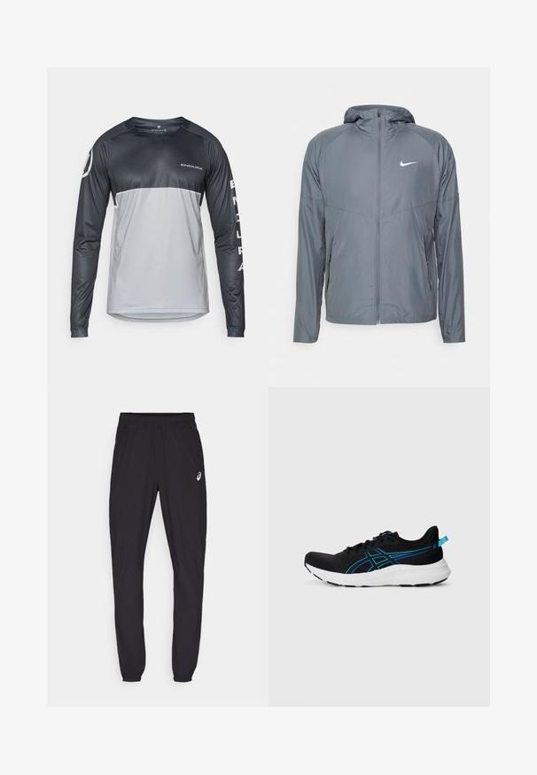 Giacca Nike grigia realizzata in materiale leggero, con zip completa, cappuccio e logo discreto sul petto. Texture liscia, vestibilità su misura.; Maglia da ciclismo a maniche lunghe in nero e grigio, con scollatura rotonda, texture morbida e dettagli con logo sul petto e sulla manica.; Pantaloni sportivi neri con cintura elastica e polsini aderenti. Presentano un discreto logo sulla coscia sinistra. Tessuto morbido e leggero.; Scarpa sportiva nera con tomaia in mesh traspirante, accenti blu, suola bianca ammortizzata e superficie testurizzata per la presa. Presenta lacci e linguetta sul tallone.