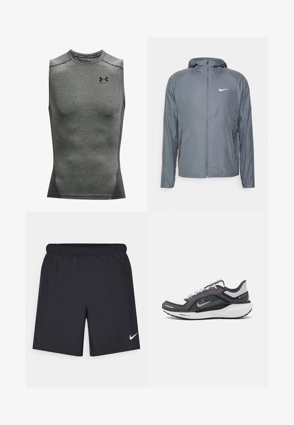 Γκρι αθλητικό μπουφάν Nike κατασκευασμένο από ελαφρύ υλικό, με πλήρη φερμουάρ, κουκούλα και διακριτικό λογότυπο στο στήθος. Λείος υφή, προσαρμοσμένη εφαρμογή.; Ανδρική αθλητική μπλούζα χωρίς μανίκια, κατασκευασμένη από σκοτεινό γκρι ύφασμα που απορροφά την υγρασία, διαθέτει στρογγυλή λαιμόκοψη και λογότυπο Under Armour στο στήθος.; Μαύρες αθλητικές βερμούδες από ελαφρύ υλικό με ελαστική μέση. Διαθέτουν ένα μικρό λευκό λογότυπο Nike στην κάτω αριστερή πλευρά.; Μαύρο και γκρι αθλητικό παπούτσι με επάνω μέρος από διχτυωτό υλικό, ανακλαστικές λεπτομέρειες και λευκή μεσαία σόλα. Διαθέτει υφή από καουτσούκ στην εξωτερική σόλα και κορδόνια.