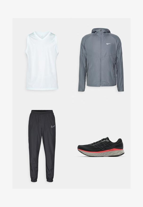 Jachetă Nike gri, dintr-un material ușor, cu fermoar complet, glugă și logo subtil pe piept. Textură netedă, croială ajustată.; Nike Performance DNA - Top - glacier blue/white; Pantaloni atletici negri Nike, cu talie elastică, picior conic și logo alb în apropierea șoldului stâng. Confecționați dintr-un material ușor și neted.; Adidași negri de alergare cu partea superioară din plasă, accentuați de o bandă roz la mijlocul tălpii și o talpă exterioară gri. Prezintă detalii texturate și un design de talpă flexibil.