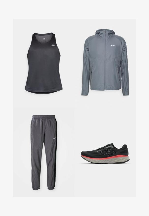 Sivá bunda Nike vyrobená z ľahkého materiálu, s celým zipsom, kapucňou a diskrétnym logom na hrudi. Hladká textúra, prispôsobený strih.; Čierny športový tielko vyrobené z látky odvádzajúcej vlhkosť, s okrúhlym výstrihom a jemnou rebrovanou textúrou, biele logo na hrudi.; Nike teplákové nohavice, vyrobené z ľahkého materiálu, v tmavosivej farbe s čiernymi bočnými panelmi. Majú elastický pás a reflexné logo.; Čierne bežecké topánky s vrchom zo sieťoviny, doplnené ružovým pruhom na strednej podrážke a šedou podrážkou. Obsahujú štruktúrované detaily a flexibilný dizajn podrážky.