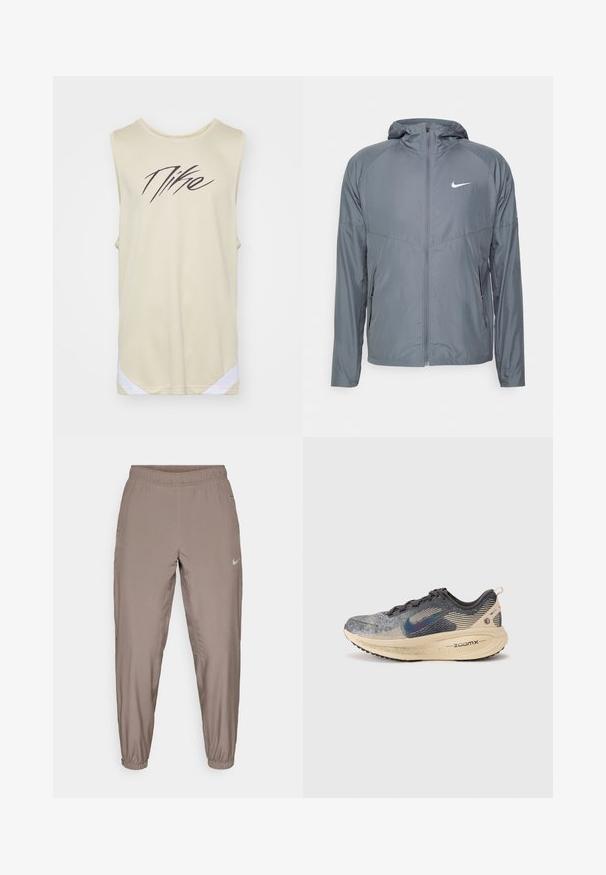 Jachetă Nike gri, dintr-un material ușor, cu fermoar complet, glugă și logo subtil pe piept. Textură netedă, croială ajustată.; Nike Performance ICON - Top - team gold/white/black; Pantaloni sportivi Nike de culoare bej deschis, cu talie elastică, picioare tapered și buzunare laterale. Material neted, ușor.; Nike Performance VOMERO 18 - Pantofi de alergare pe asfalt - oatmeal/black anthracite/silver-coloured