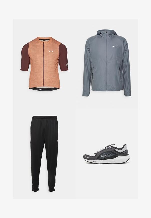 Pelēks Nike jaka, izgatavota no viegla materiāla, ar pilnu rāvējslēdzēju, kapuci un diskrētu logo uz krūtīm. Gluda tekstūra, pielāgota piegriezne.; Īsa piedurkne velosipēdistu krekls oranžā un tumšbrūnā krāsā. Tekstūrēts audums ar priekšējo rāvējslēdzēju un zīmolu uz piedurknes. Gluds, sportisks piegriezums.; Melnas sporta bikses, kas izgatavotas no gludas auduma, ar elastīgu jostu, sašaurinošām kājām un mazu balto logo kreisajā pusē.; Melnas un pelēkas sporta kurpes ar tīklu augšdaļu, atstarojošiem akcentiem un baltu starpzoli. Aprīkotas ar teksturētu gumijas zoli un šņorēm.