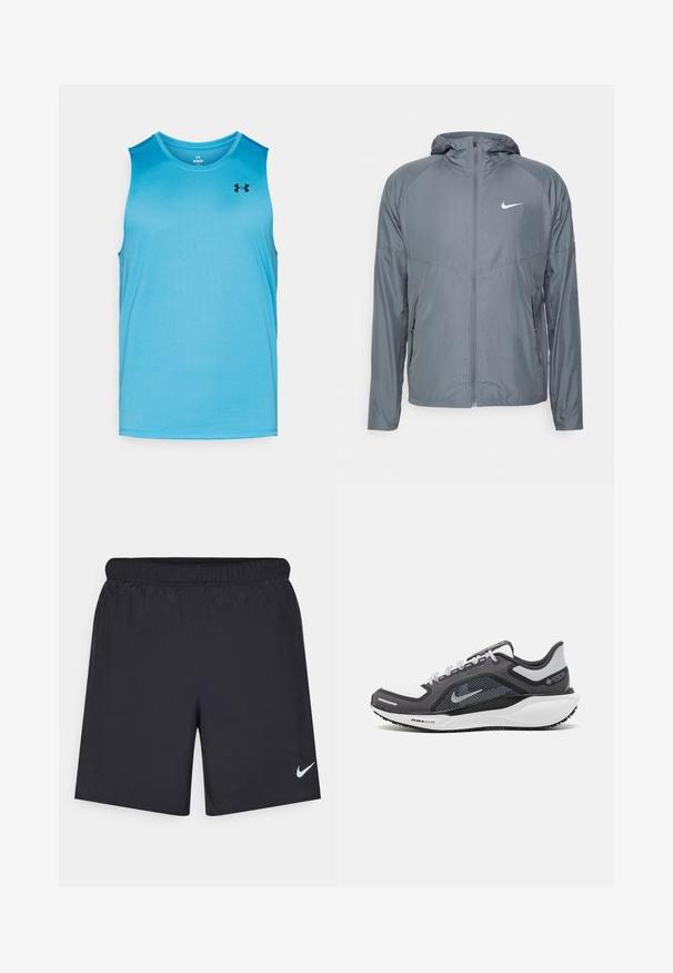 Grijze Nike-jack van lichtgewicht materiaal, met een volledige ritssluiting, capuchon en subtiele logo op de borst. Soepele textuur, op maat gemaakte pasvorm.; Lichtblauw mouwloos sporttanktop van synthetisch materiaal, met een zwart logo op de bovenste linkerkant en een ronde halslijn.; Zwarte sportshorts gemaakt van lichtgewicht materiaal met een elastische tailleband. Voorzien van een klein wit Nike-logo aan de onderzijde aan de linkerkant.; Zwarte en grijze sportschoen met een bovenwerk van mesh, reflecterende accenten en een witte tussenzool. Beschikt over een gestructureerde rubberen zool en veters.