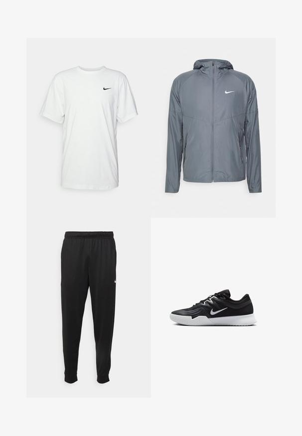 Grå Nike jakke lavet af letvægtsmateriale, med fuld lynlås, hætte og diskret logo på brystet. Glat tekstur, skræddersyet pasform.; Hvid bomulds T-shirt med korte ærmer, rund halsudskæring og et sort Nike-logo på venstre bryst. Glat, let stof.; Sorte atletiske bukser lavet af glat stof, med elastisk talje, smalnende ben og et lille hvidt logo på venstre side.; Sort atletiksko med en tekstureret overdel, hvid Nike swoosh og en hvid gummisål. Har en snørret design og dynamisk form.