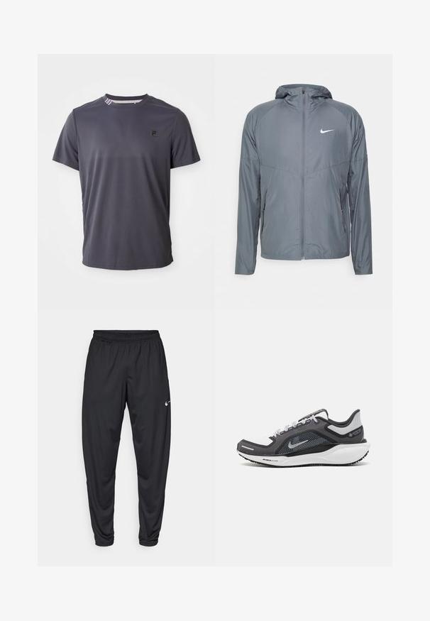 Harmaa Nike-takki, joka on valmistettu kevyestä materiaalista. Takissa on täyspitkä vetoketju, huppu ja hillitty logo rinnassa. Sileä pinta ja muotoilultaan sopiva malli.; Tummanharmaa lyhythihainen urheilupaita, jossa on pieni musta logo vasemmassa rinnassa ja raidoitettu yksityiskohta kauluksessa.; Mustat urheiluhousut, joissa on joustava vyötärö, kapenevat lahkeet ja pieni valkoinen Nike-logo vasemmassa reidessä. Tasainen kangas, ei kuvioita.; Musta ja harmaa urheilukenka, jossa on verkkopäällinen, heijastavat yksityiskohdat ja valkoinen välipohja. Varustettu kuvioidulla kumipohjalla ja nauhoilla.