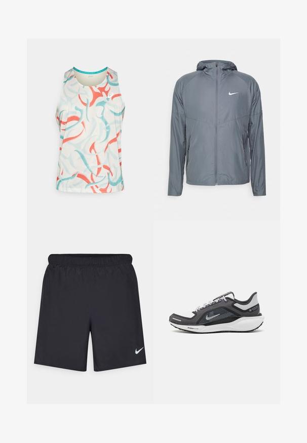 Veste Nike grise en matériau léger, dotée d'une fermeture éclair complète, d'une capuche et d'un logo discret sur la poitrine. Texture lisse, coupe ajustée.; Débardeur de sport sans manches en crème clair, présentant des tourbillons abstraits bleus et corail. Fabriqué en tissu respirant avec un col rond.; Shorts de sport noirs en matériau léger avec une taille élastique. Présente un petit logo Nike blanc sur le bas du côté gauche.; Baskets de sport noires et grises avec un empeigne en maille, des accents réfléchissants et un intermédiaire blanc. Comprend une semelle extérieure en caoutchouc texturé et des lacets.