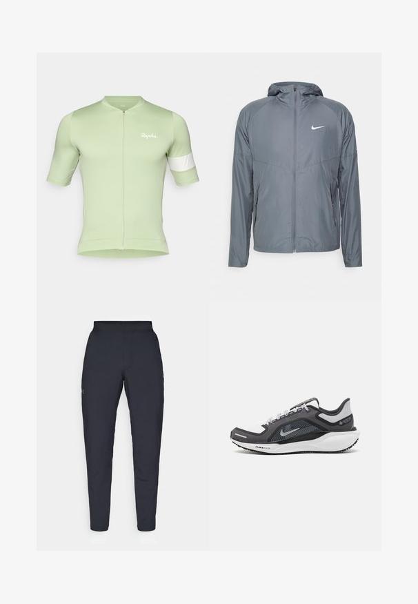 Šedá Nike bunda vyrobená z lehkého materiálu, s plným zipem, kapucí a decentním logem na hrudi. Hladká textura, elegantní střih.; Světlezelený cyklistický dres s předním zipem, krátkými rukávy a bílým akcentem na levém rukávu. Vyrobeno z hladkého, těsného materiálu.; Černé sportovní kalhoty s hladkou texturou, slim fit, elastickým pasem a bočními kapsami. Na levém stehně je umístěno malé logo.; Černá a šedá sportovní obuv s vrškem z prodyšné síťoviny, reflexními akcenty a bílou mezipodešví. Obsahuje texturovanou gumovou podrážku a tkaničky.