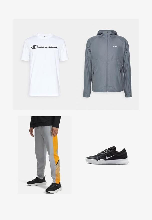 Sivá bunda Nike vyrobená z ľahkého materiálu, s celým zipsom, kapucňou a diskrétnym logom na hrudi. Hladká textúra, prispôsobený strih.; Biely bavlnený tričko s krátkymi rukávmi, na ktorom je čierny kurzívny nápis "Champion" naprieč hrudníkom. Má okrúhly výstrih a voľný strih.; Šedé športové nohavice majú oranžový bočný panel s vertikálnymi pruhmi a čiernymi akcentmi. Nosené s čiernymi teniskami na neutrálnom pozadí.; Čierna športová topánka s textúrovaným zvrškom, bielym logom Nike a bielou gumovou podrážkou. Má šnurovací dizajn a dynamický tvar.
