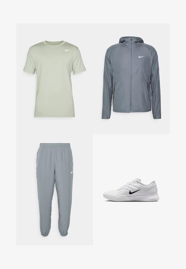 Grå Nike-jacka i lätt material, med hel dragkedja, huva och diskret logotyp på bröstet. Slät textur, skräddarsydd passform.; Nike Performance TEE CREW SOLID - T-shirt till träning - jade horizon; Ljust grå joggers med elastisk midjeband, sidfickor och avsmalnande mudd. Har en liten vit Nike-logga. Slät textur.; Vit träningsskor med strukturerad mesh-överkonstruktion, svart Nike-swoosh, vadderad krage och gummiyttersula med mönster.